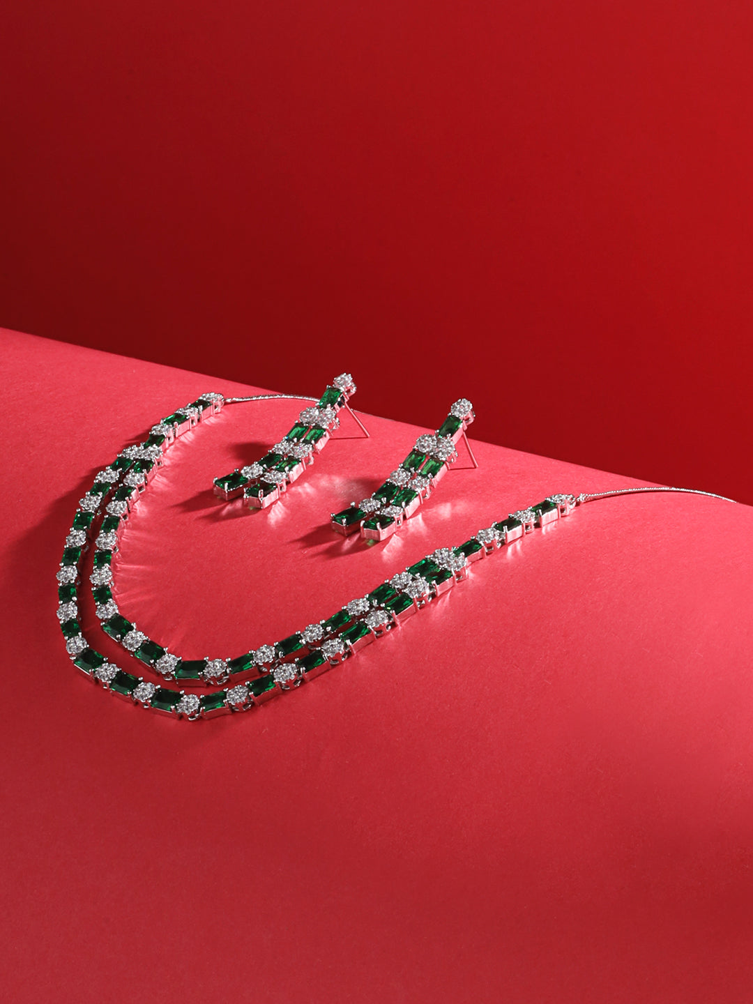 White Silver Plated Green AD Double layer Statement Jewellery Set, zaveri pearls, sale price rs, sale price, sale gold plated, sale gold, sale, rubans, ring, regular price, priyassi jewellery